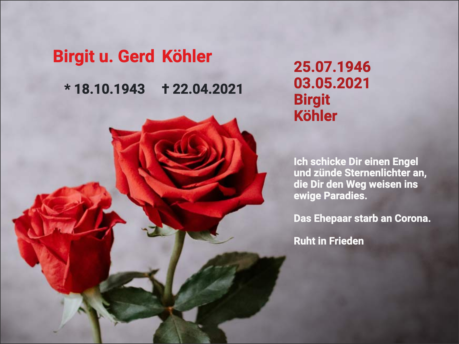 Traueranzeige Birgit u. Gerd Köhler