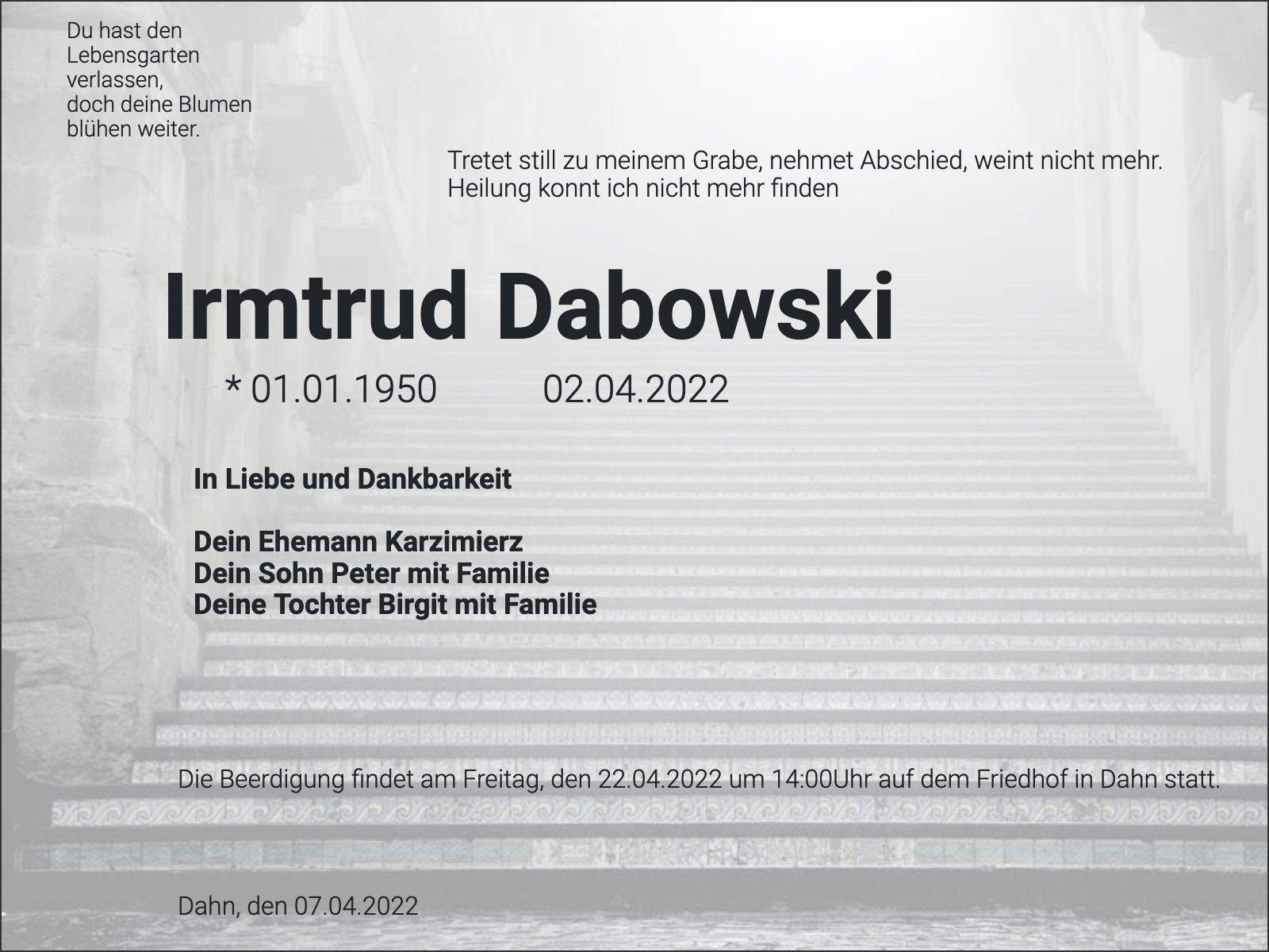 Traueranzeige Irmtrud Dabowski