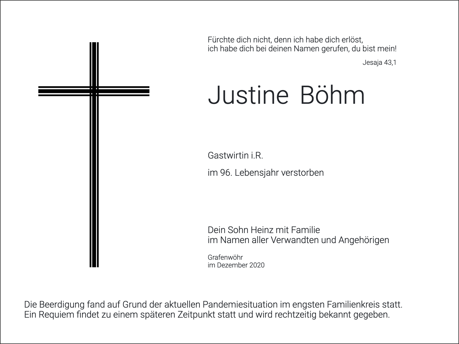 Traueranzeige Justine Böhm
