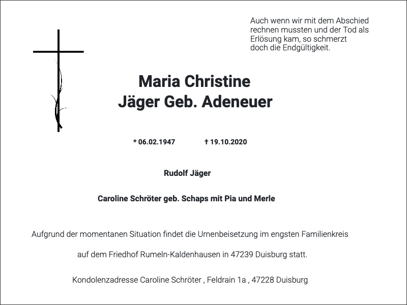 Traueranzeige Maria Christine Jäger Geb. Adeneuer