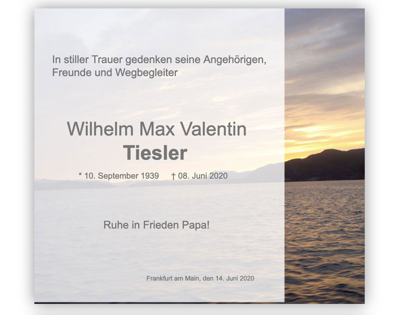 Traueranzeige Wilhelm Max Valentin Tiesler