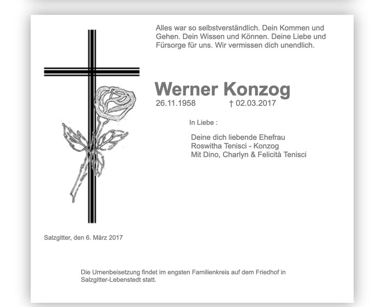 Traueranzeige Werner Konzog
